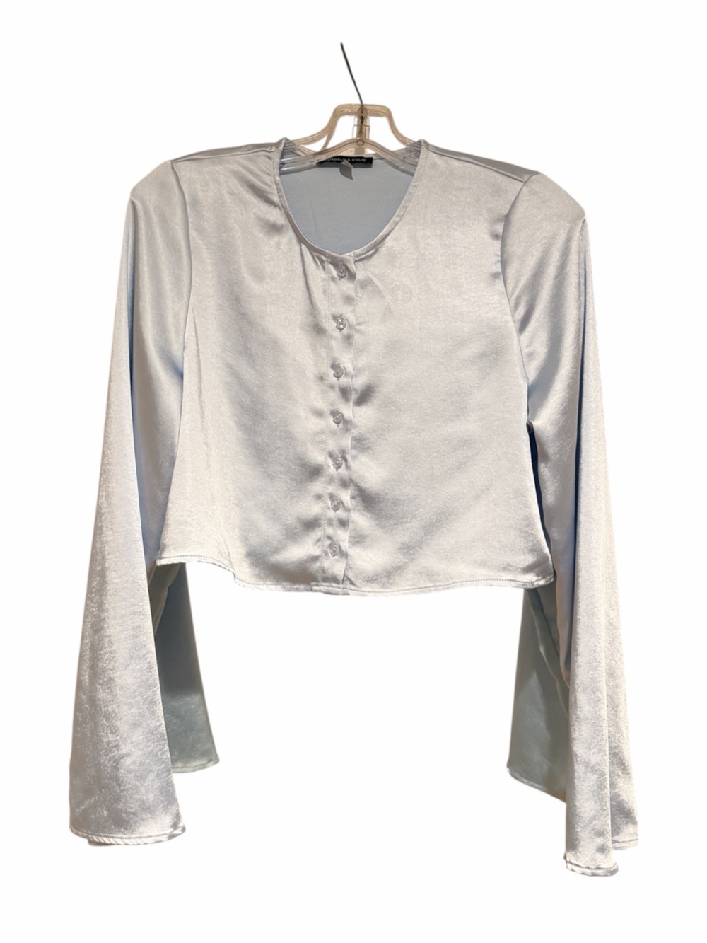 Kendall & Kylie Soft Blue Cropped Satin Button-Front Long Sleeve Top